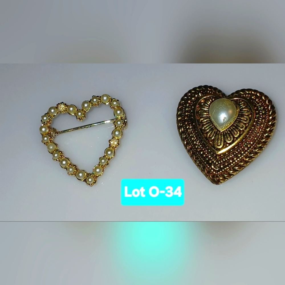 2 Gold  Toned Heart Brooch Lot